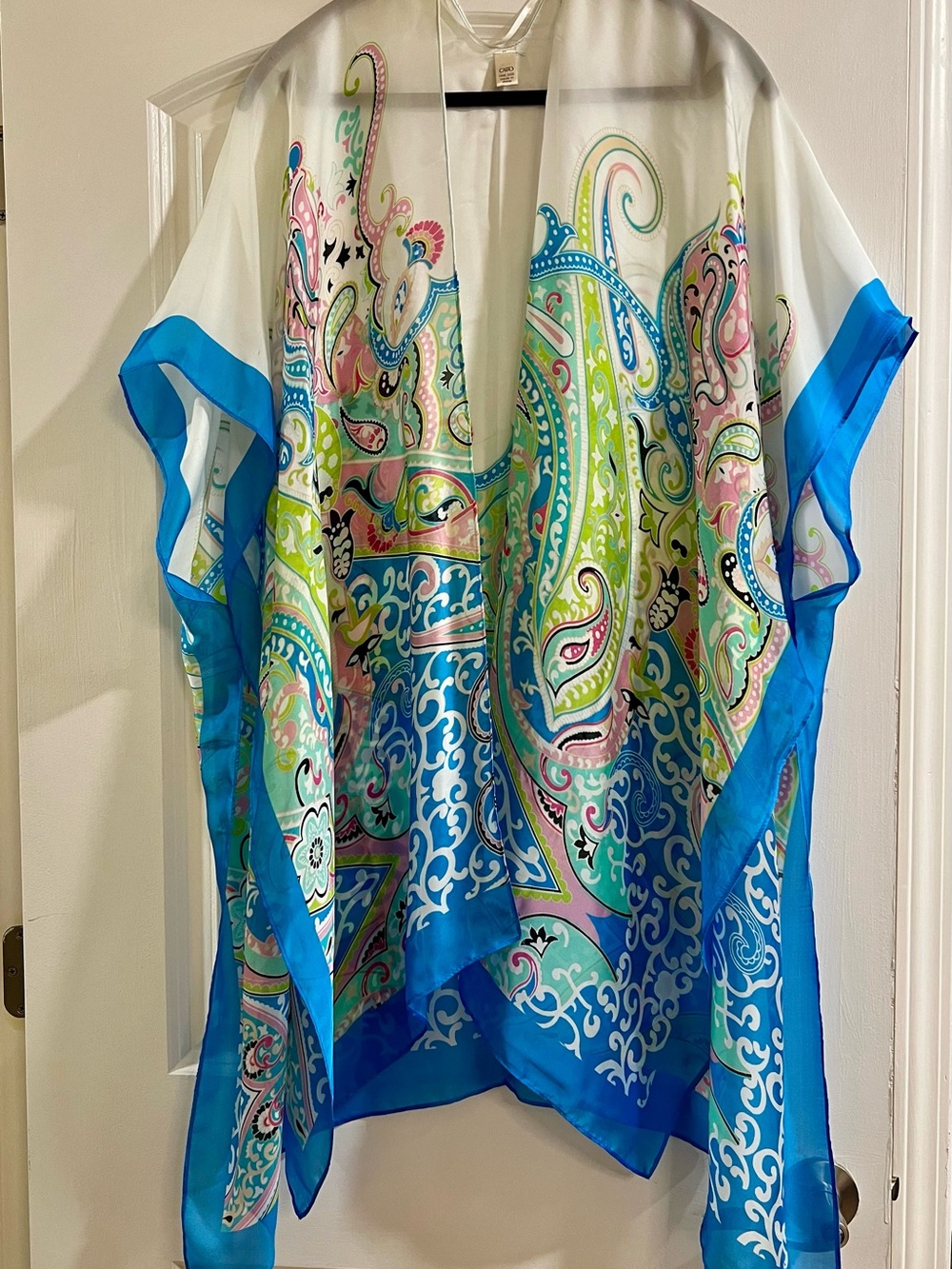 Cato Sheer Paisley Kimono Cardigan with Bright Blue Trim